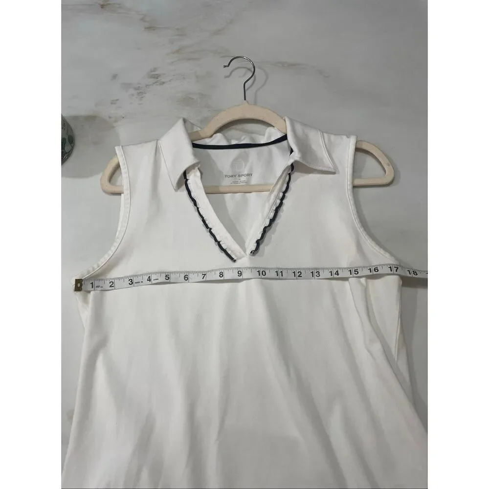 Tory Sport Women’s White Sleeveless Collared Top Black Trim V-Neck Active Chic